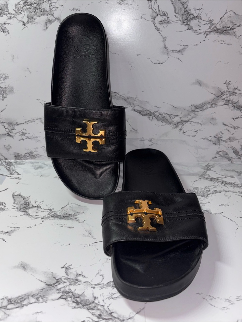 Tory Burch Black Everly Anatomic Cloud Leather Slide Sandals with Gold Accent